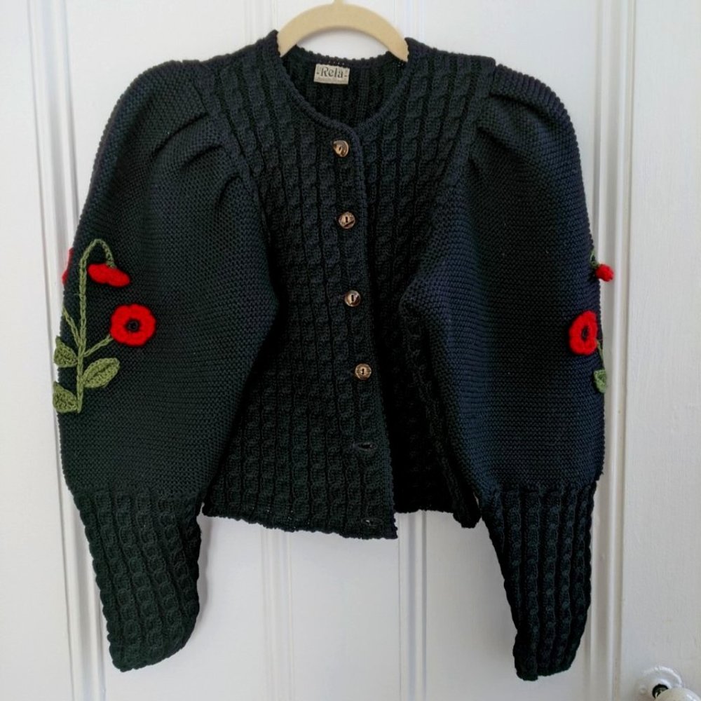 Rare Vintage Folk Cardigan | Germany | Black, wool